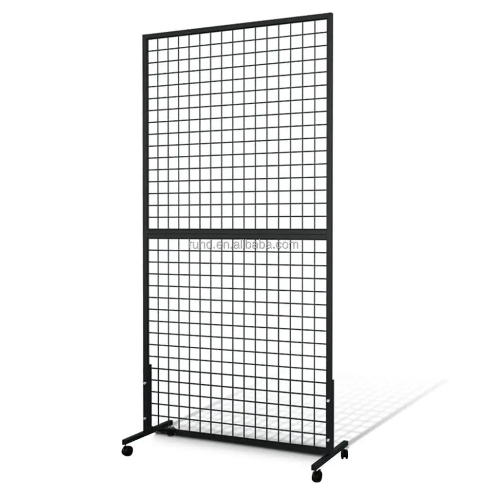 Black Wire Gridwall Two-Double T-Base Tower Floorstanding Supermarket Rack for Craft Fair Display Art Rack Made of Steel
