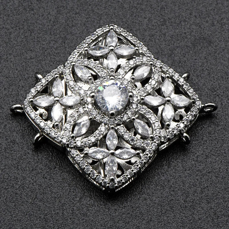 Unique Design Rhodium Plated CZ Paved 3 Loops Big Size Delicate Rectangle  Box Clasp for DIY Women  Necklace