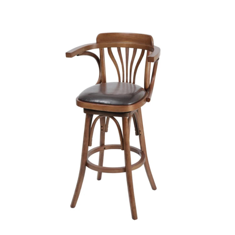 American Vintage Style Antique Wooden High Bar Armrest Chair Leather Seat Bar Stool With Back