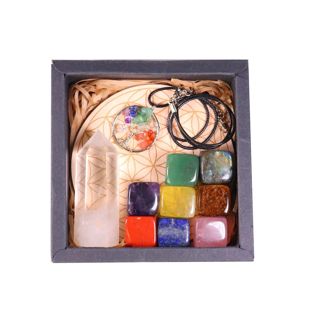 Clear Quartz Wand Plate Healing Energy Kit Gift Tumbled Stones Tree of Life 7 Chakra Crystal Pendant Wooden Natural Gift Box