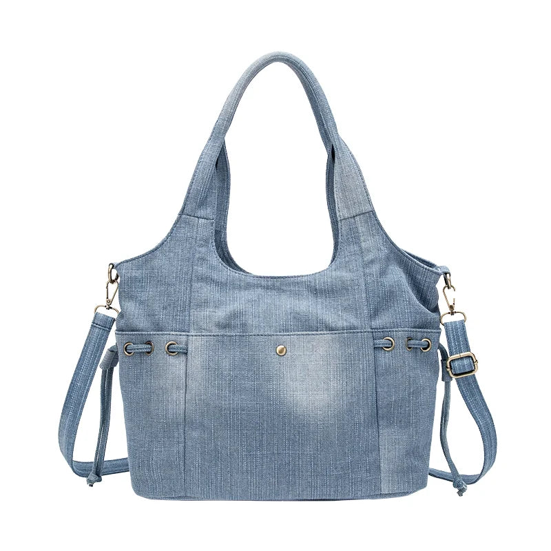 Women's Exquisite Large Denim Tote Bag Vintage Style Soft Shoulder Messenger with Polyester Lining Casual Fashion in Solid Color