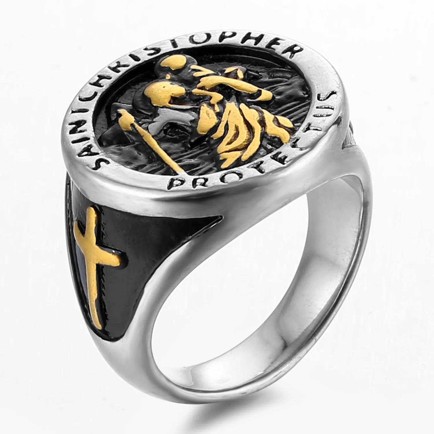 Custom Jewelry Religious Style Stainless Steel Christian Cross Saint Christopher Ring for Men Saint Michael the Archangel Ring