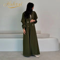 Hafizah 2026 Dubai Luxury Olive Green Contrast Stitch Double Breasted Muslim Open Abaya Modest Coat