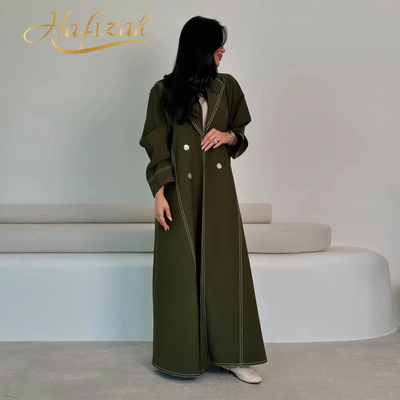 Hafizah 2026 Dubai Luxury Olive Green Contrast Stitch Double Breasted Muslim Open Abaya Modest Coat