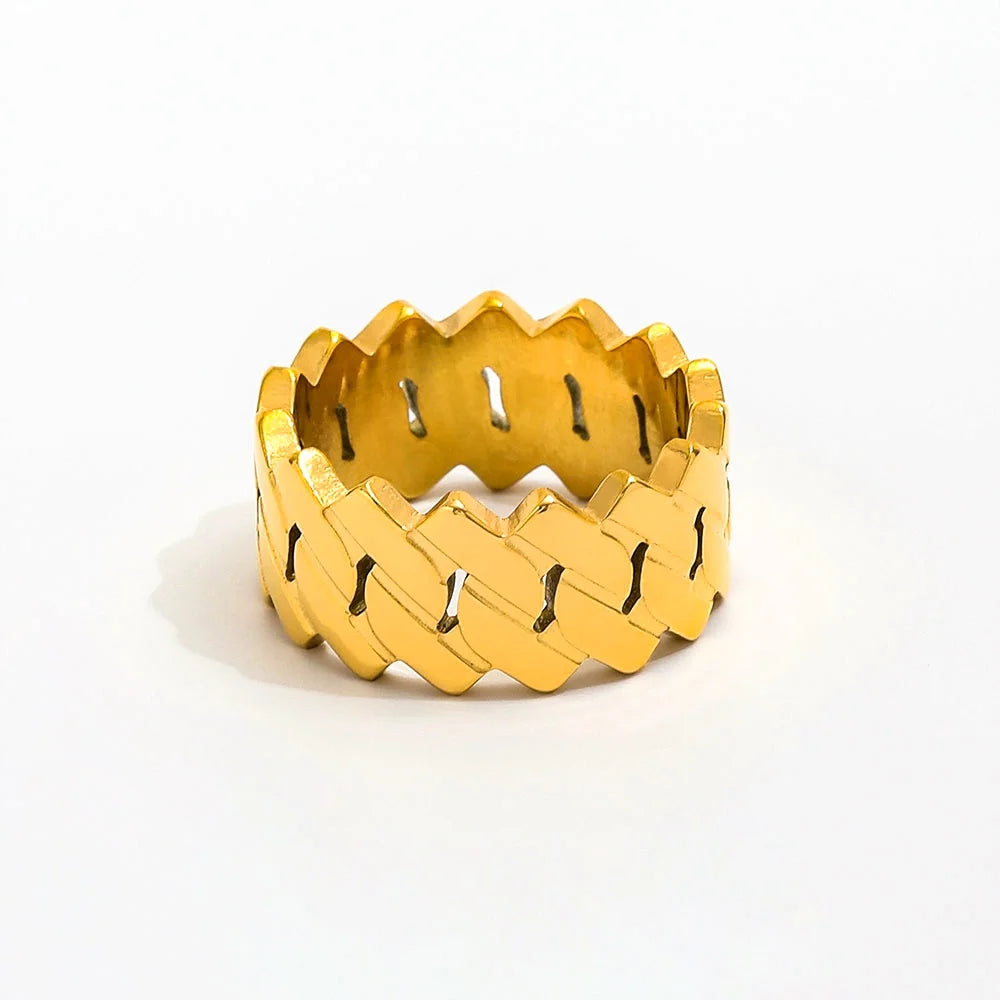 Joolim Jewelry Wholesale 18K Gold Plated Stainless Steel Ring Chunky Link Chain Hollow Band Trendy Fashion Jewelry for Women