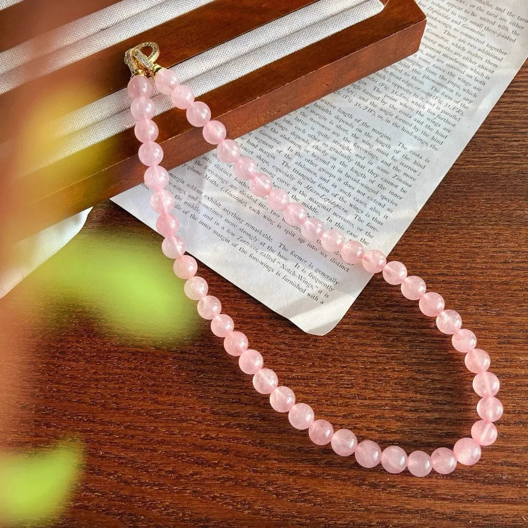 8mm Natural Rose Quartz Crystal Necklace Choker for Women 14K Gold Plated OT Clasp Natural Healing Energy Stone Necklace Jewelry