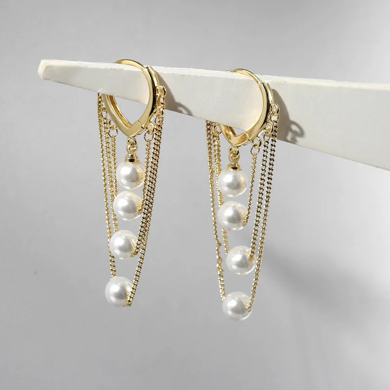 Hot Selling Gold Plating Link Chains Fringe Earring Ear Buckle Long Design Multi White Pearls Drop Earring for Women