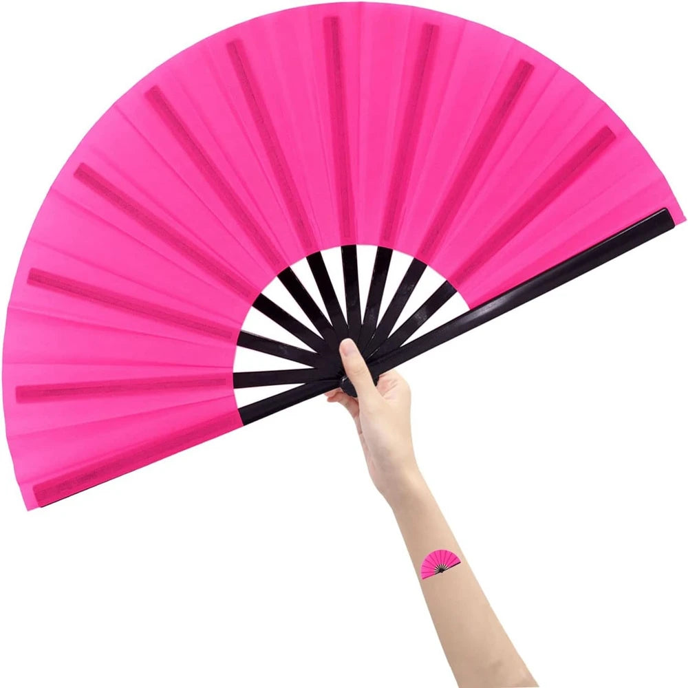 Rainbow Rave 13inch UV Reactive Dance Hand Fan Heart Large Wedding Favor Gold Hard Plastic Kungfu Fan Abanicos De Mano Plastico