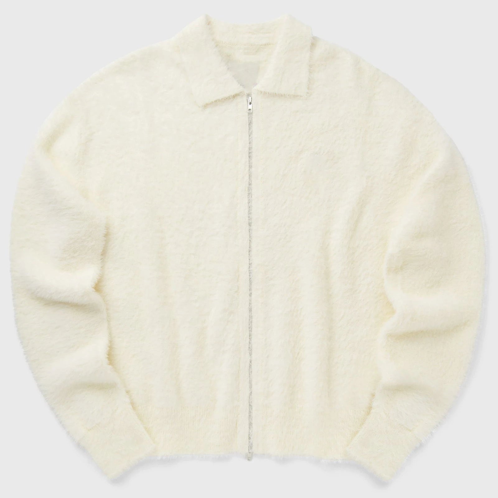 Custom Design logo Polo Neck Knitwear  Knit Top Double Zipper Men Fuzzy Long Sleeve Knitted Mohair Cardigan Sweater