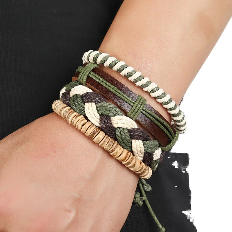 Hot Selling Men/Women's Fashion Charm Bracelets Personalized Woven Leather Bracelet Set of 4 Pieces