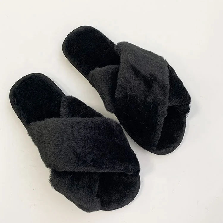 Women's Beautiful Faux Fur Plush Cross Strap Slippers Fashionable Indoor Outdoor Hard-wearing Warm Home Slippers Wholesale MegaBDM