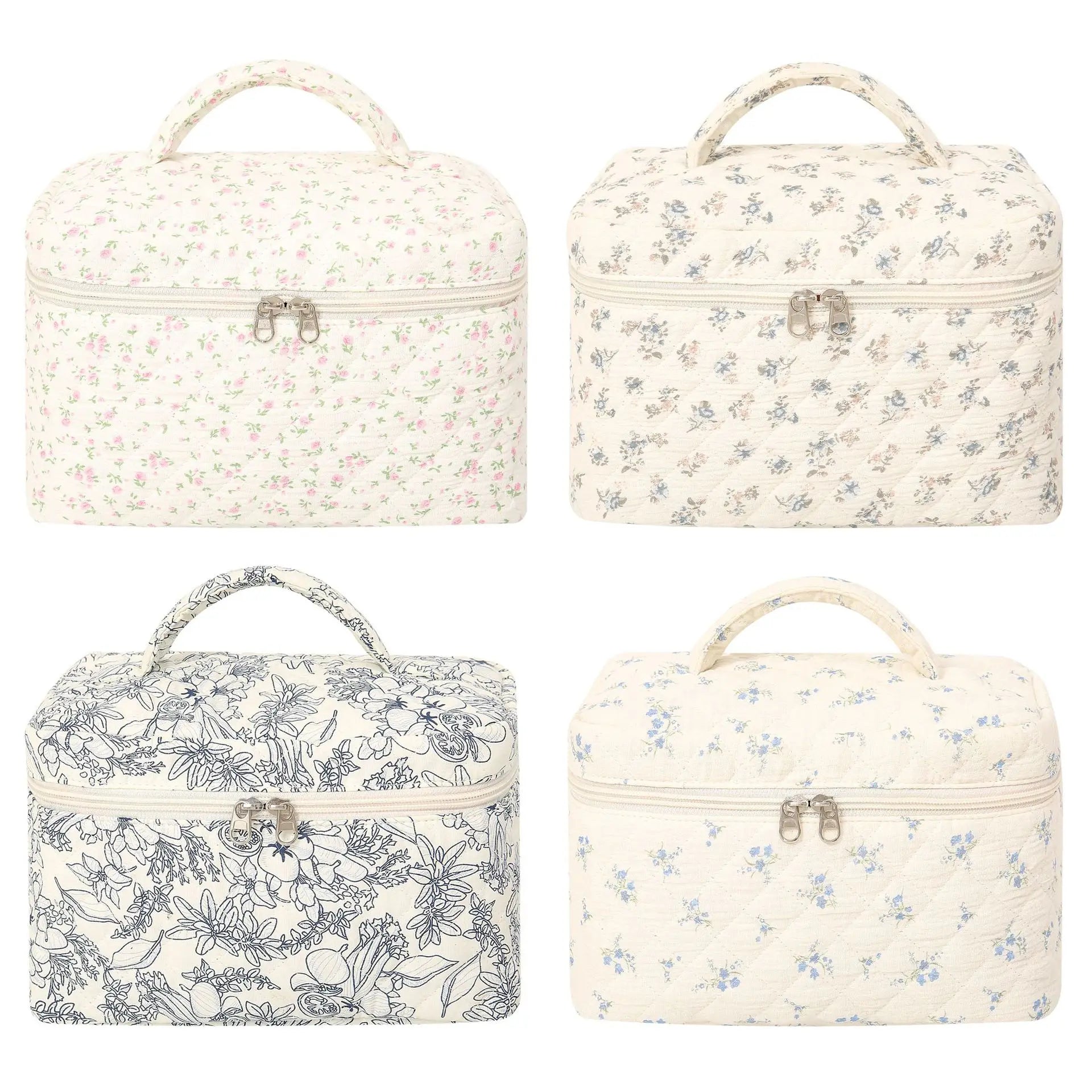 Wholesale Puffy Quilted Flower Printing Poly Cotton Makeup Cosmetic Organizer Storage Case Bag for Women