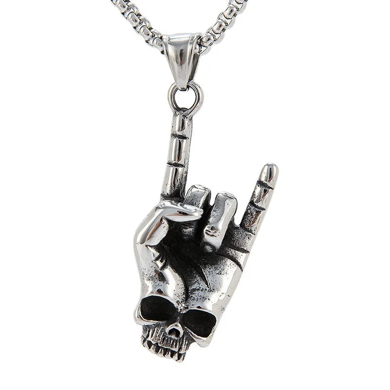 Punk Rock Stainless Steel Finger Gesture Skeleton Pendant Necklace Men