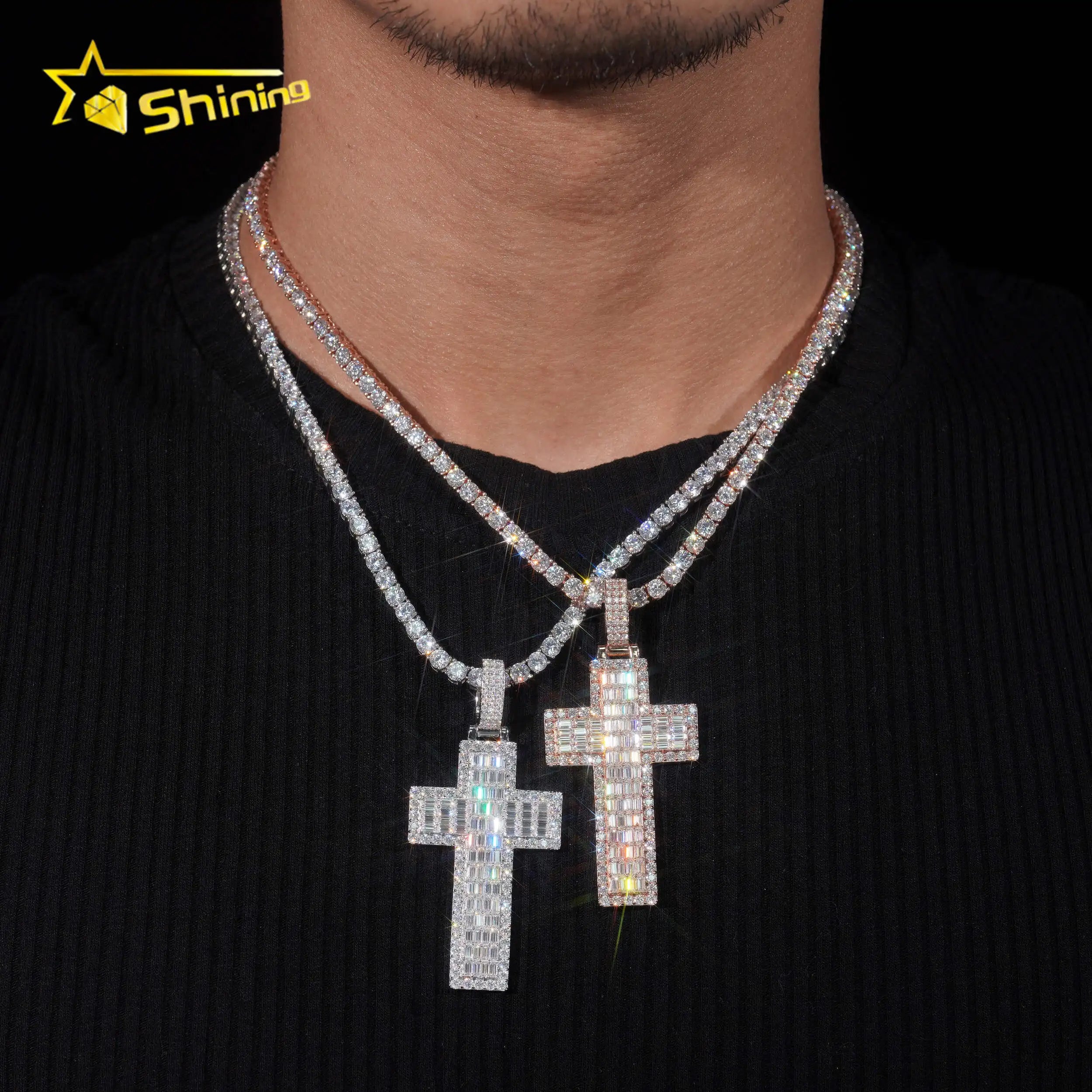 New Baguette Moissanite Cross Pendant 925 Sterling Silver Gold Plated Pass Diamond Tester GRA Moissanite Charms Necklace