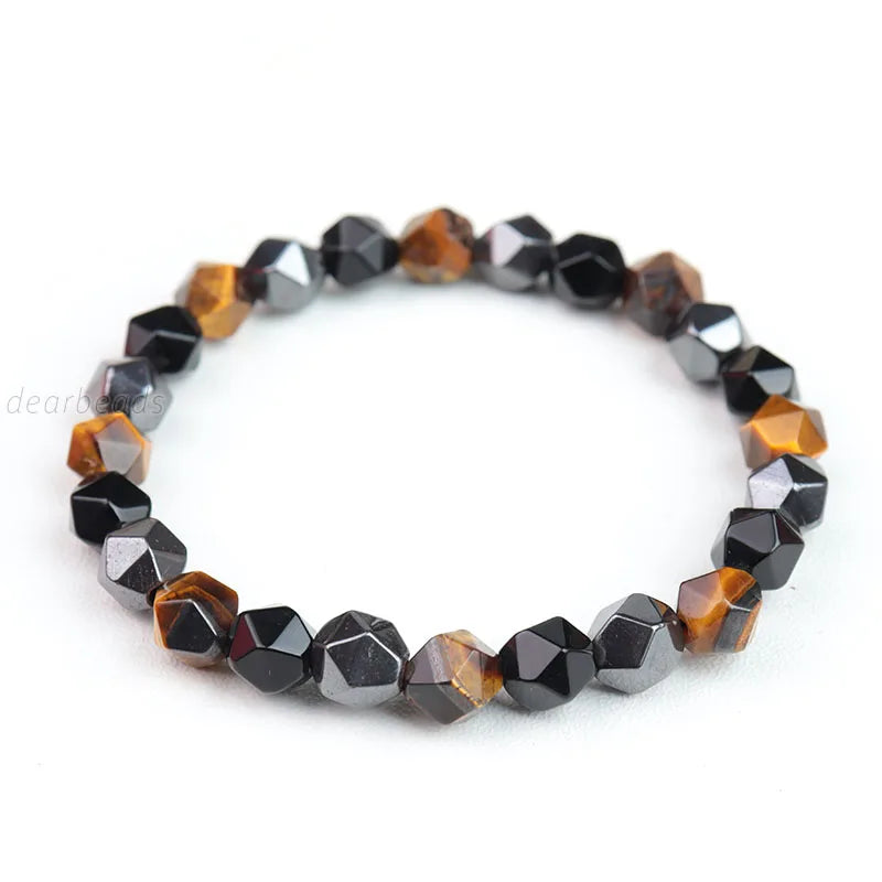 Natural Healing Faceted Triple Protection Elastic Bracelet Genuine Hematite Tiger Eye Obsidian Stone Bracelets for Men Women
