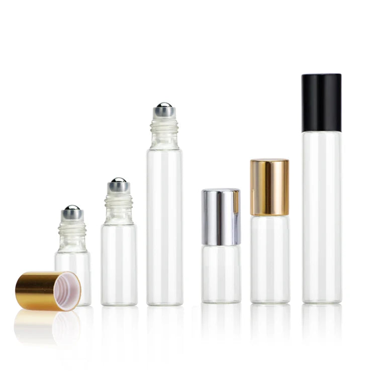 In Stock 3ml 5ml 10ml clear Roller Perfume Bottle Glass Roll on Essential Oil Tubular Bottle With Metal Roller and Metal Cap