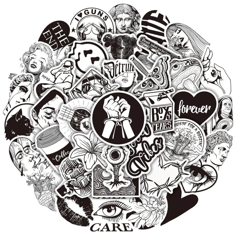 50Pcs Black and White Modern Art Graffiti Stickers for Skateboard Car Bottle Vinyl DIY Punk Logo Sticker