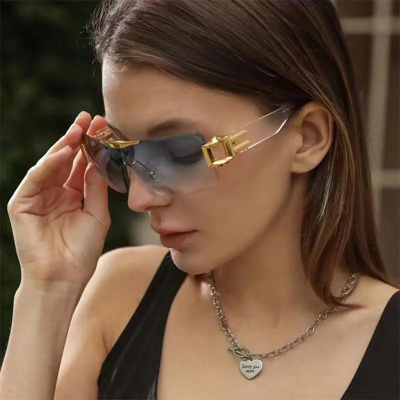 DL Glasses One Piece New Fashion Shades Y2K Women Retro Sunglasses Oversized Rimless Metal White Sun Eyewear 2024