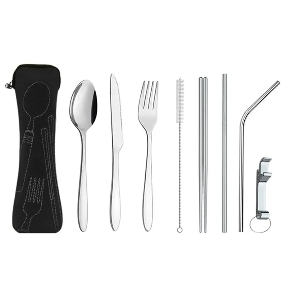 Reusable Tableware Chopsticks Spoon Stainless Steel Flatware Set Metal Straw Portable Travel Cutlery Set