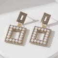 2025 New Arrivals Hot Selling Geometric square Full Diamond Pearl Earrings Women's Small Fragrance Fashion Alloy square Earrings