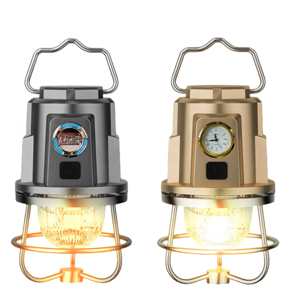2025 Most Popular Hot Selling Portable Hanging Warm and Cold Lighting Firefly Atmosphere Retro Led Camping Light With Clock