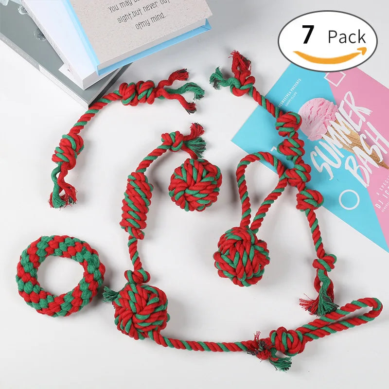 Cotton Rope Dog Toy Set Christmas Interactive Pet Training Bite-Resistant Grinding Teeth Red Green Knot Daily Bag