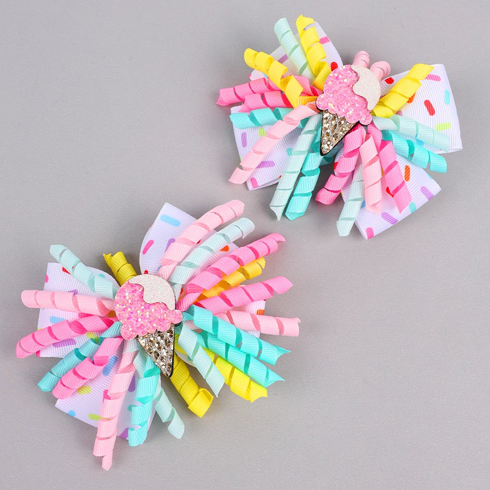 CN 2Pcs Summer Lovely Curly Ribbon Hair Bow with Glitter Ice Cream Unicorn Hair Clip Kids Accessories