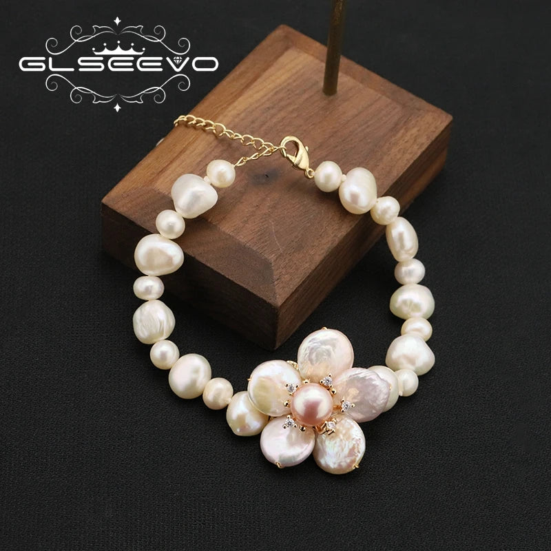 Natural Freshwater Pearl Baroque Flower Charm Bracelet Personality Beaded Bracelet Zircon Gold Plated Ladies Girls Jewelry