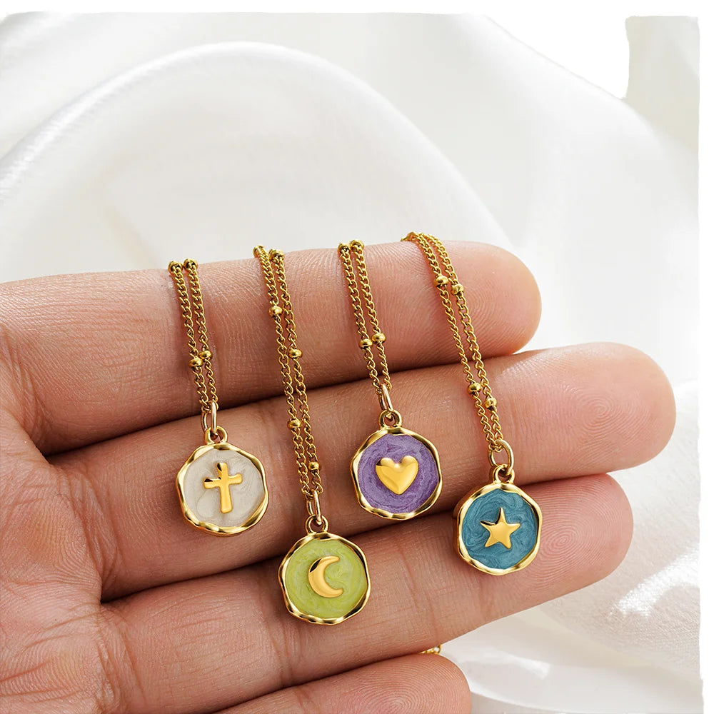 MECYLIFE Multi Color Enamel Charm 18K Gold Jewelry Stainless Steel Moon Star Heart Cross Pendant Necklace Women