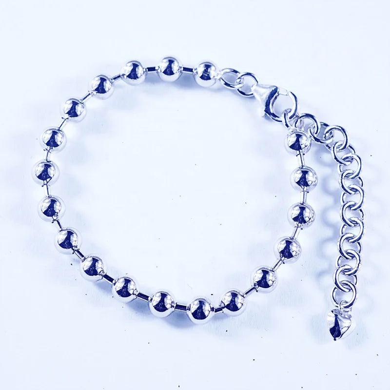 Silver Bangle Bead Bracelets Mirror Polish Sterling Silver Fine Jewelry for Girls Heart-shaped Ball Chain Bracelet Parties Gifts