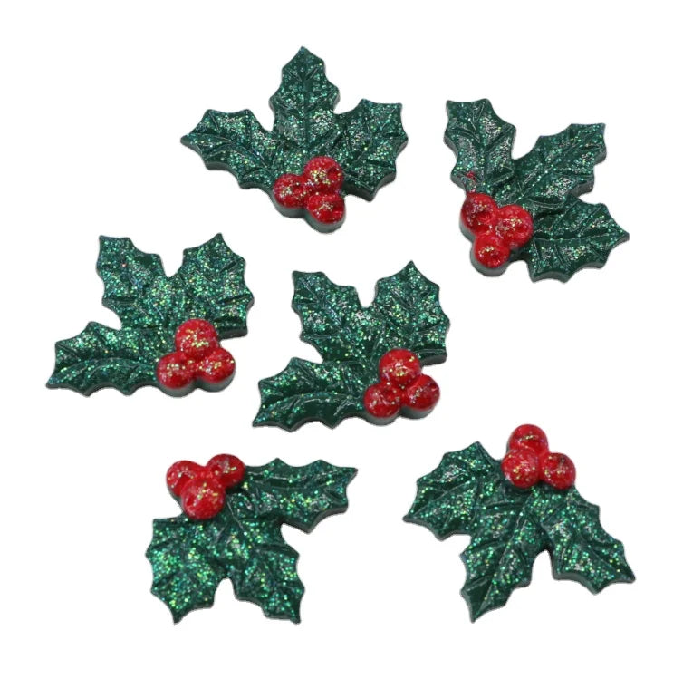 100Pcs/Lot Glitter Christmas Holly Charms Happy Holidays Winter Flatback Cabochons for Scrapbooking Hair Bow Center Decor