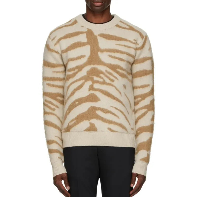 2026 China Knitwear Manufacturer Long Sleeve Brushed Knit Wool Blend Zebra Printed Sweater Men Jacquard Crew Neck Jumper