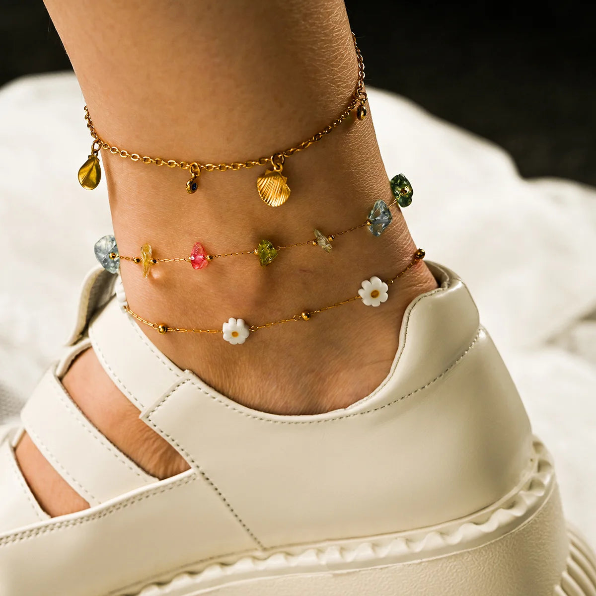 Fashionable Classic Shell Anklet Waterproof Stainless Steel Anklet Outdoor Beach Style Colorful Stone Anklet for Women