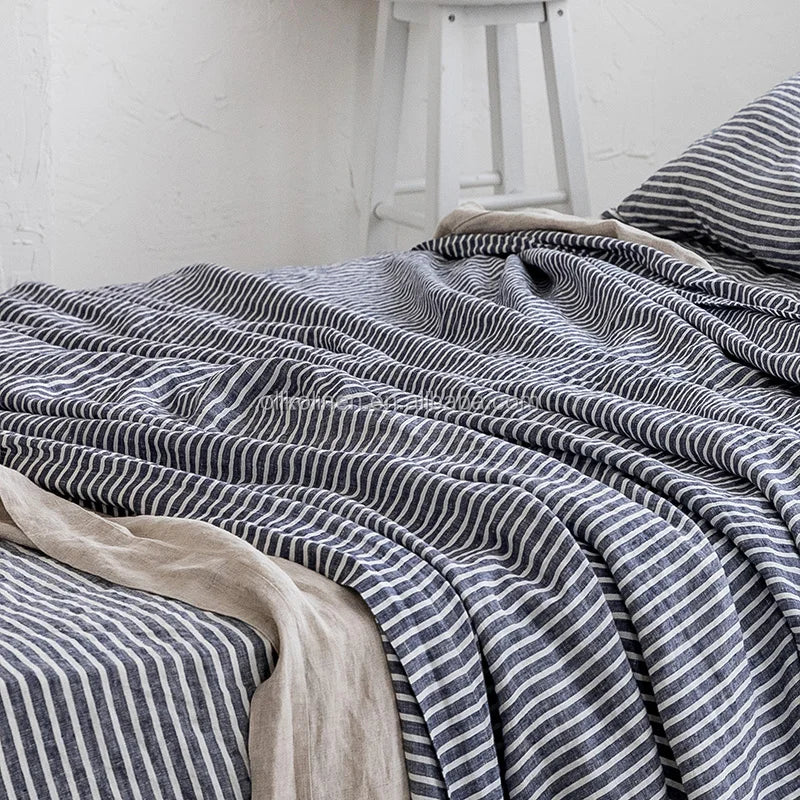 European Luxury Flax 100%Linen Stripe  Single Organic Linen Flat Fitted Sheet
