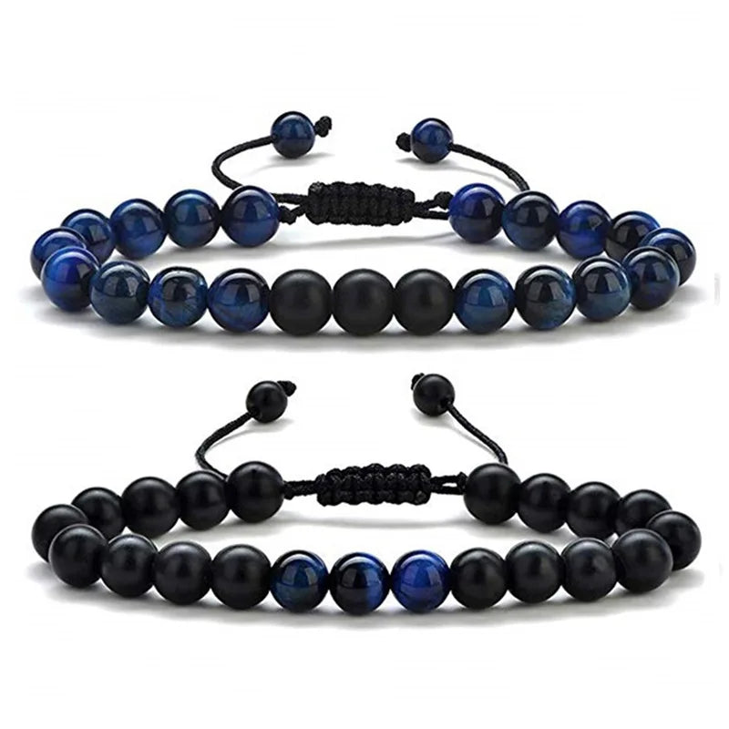 Hot Selling Vintage 8mm Natural Blue Tiger Eye Black Matte Bracelet Hand Woven Natural Stone Beaded Bracelet for Women Men