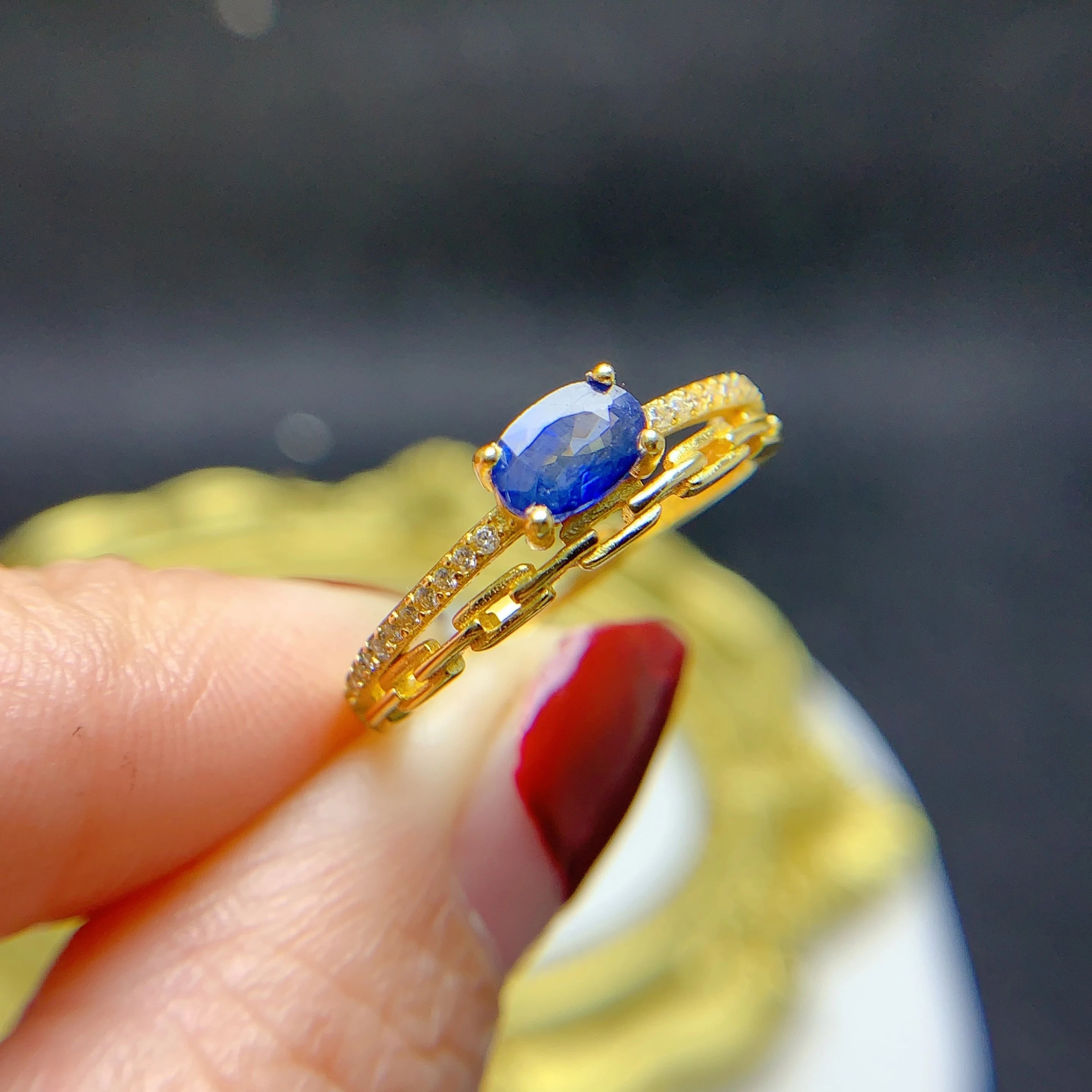 New Design Fashion 925 Sterling Silver Gold Plated Oval Cut Natural Sapphire Wedding Party Women's Jewelry Rings with Stones