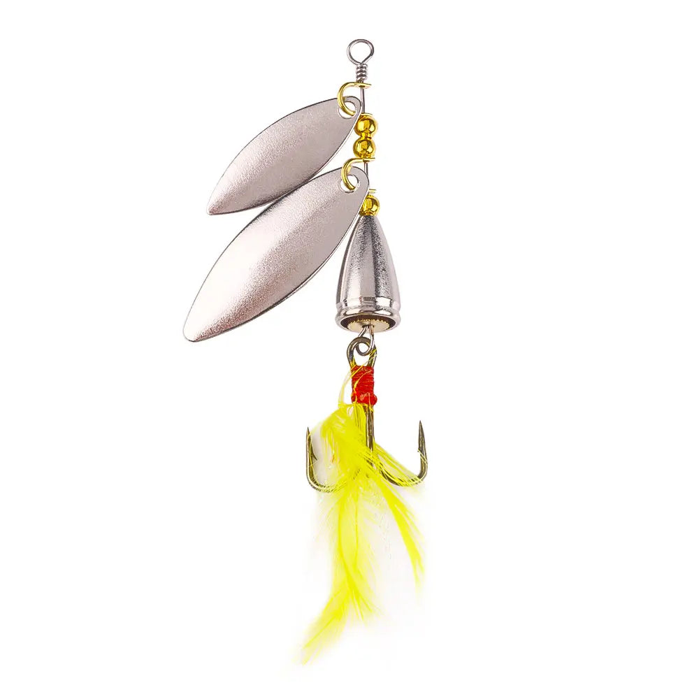 Wholesale SP190 8.1cm 10.5g Rotating Double Sequins Metal Spinner Baits Spoon Fishing Lures with Feather Hook