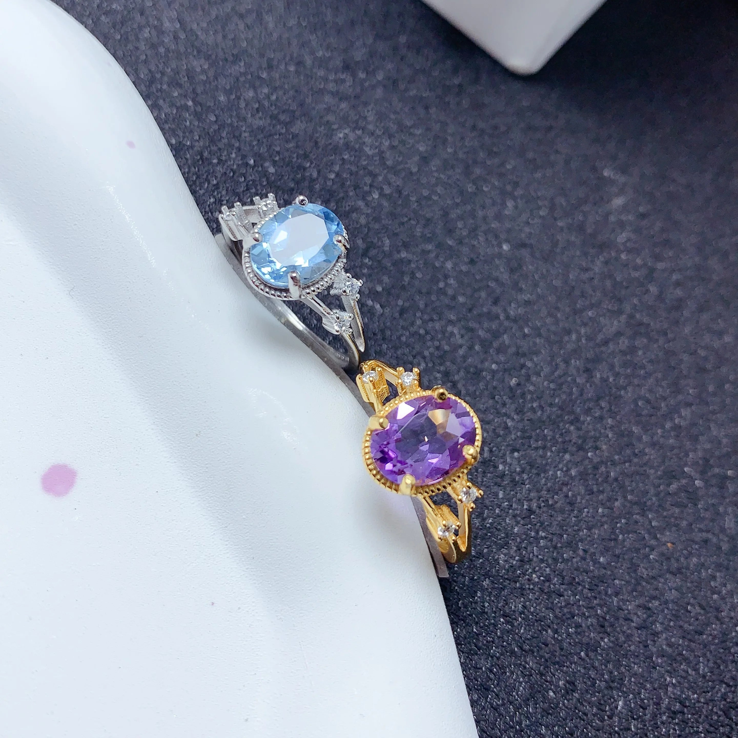 Hot Popular 925 Sterling Silver Wedding Rings for Couples Natural Topaz Two Stone 18K Gold Plated Classic Oval Cut for Parties