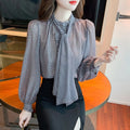Vintage Houndstooth Printed Bow Women's Shirt Elegant Office Lady V-Neck Pullovers Fashion Commute Loose Blouses Female