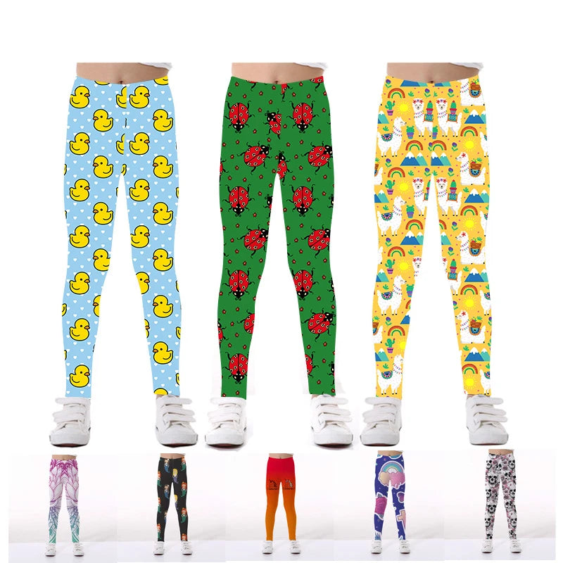Customized Kid Girls Pants Full Length Digital Printing Small Yellow Duck Seven Star Ladybug Pattern Skinny Leggings