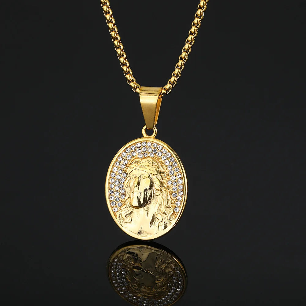 Vintage Jesus Necklace Zircon Gold Plated Customized Face Stainless Steel Oval Round Pendant Necklace