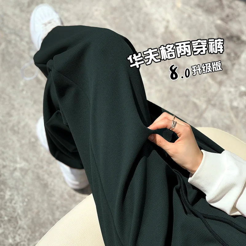2024 New Waffle Design Mens Wide Leg Pants Oversize Street Wear Fashion Men's Knitted Vintage Casual Pants