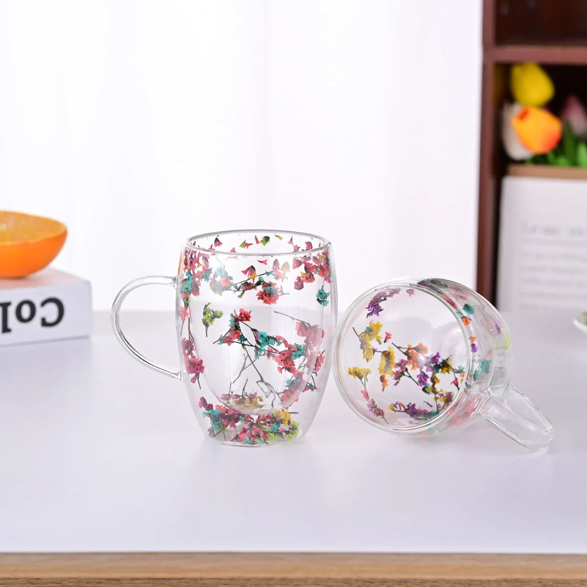 Modern Design High Borosilicate Double Wall Glass Mug Beautiful Creative Dry Flower Style 350ml Capacity Coffee Milk Back School