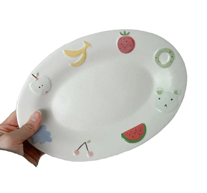 Creative Japanese Hand-painted Ceramic Plate Ins Cute Oval Dessert Plate High-value Home Breakfast Plate