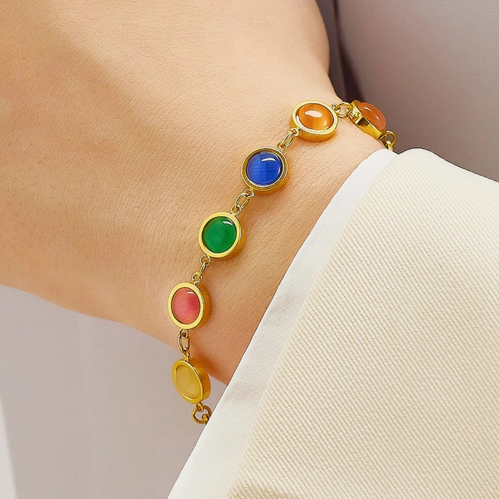 2023 New Adjustable Vintage Bracelet Colorful Cat Eye Stone Stainless Steel Chain Bracelet
