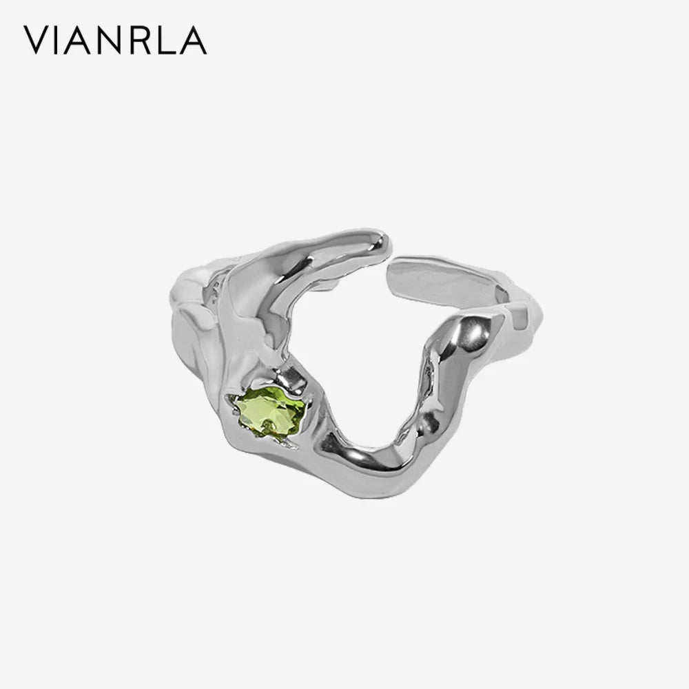 VIANRLA 925 Sterling Silver Irregular Open Size Green Zircon Rhodium Plated Ring