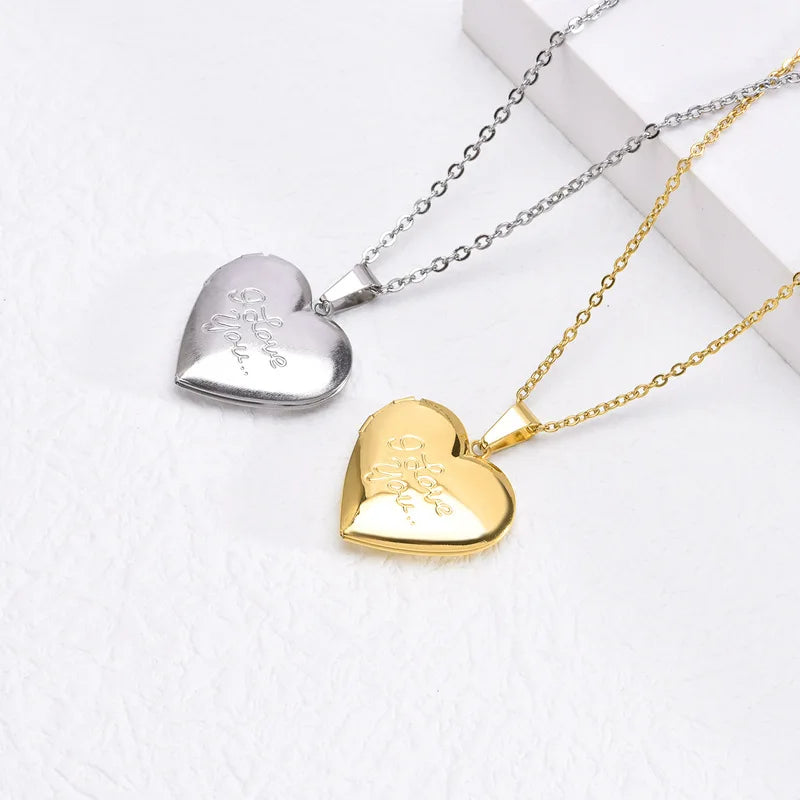 Dainty 18K Gold Plated Stainless Steel Unisex Romantic Style I Love You Photo Frame Locket Heart Pendant Necklace Sublimation