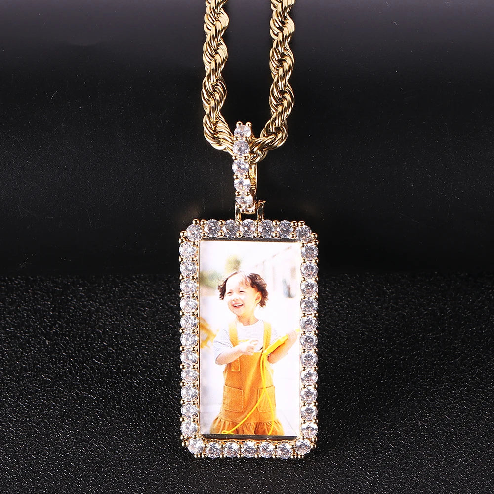 Trendy Single Row Zircon Inlaid square Frame Pendant Personalized Hip-hop Style Photo Memory Medal Necklace Accessory