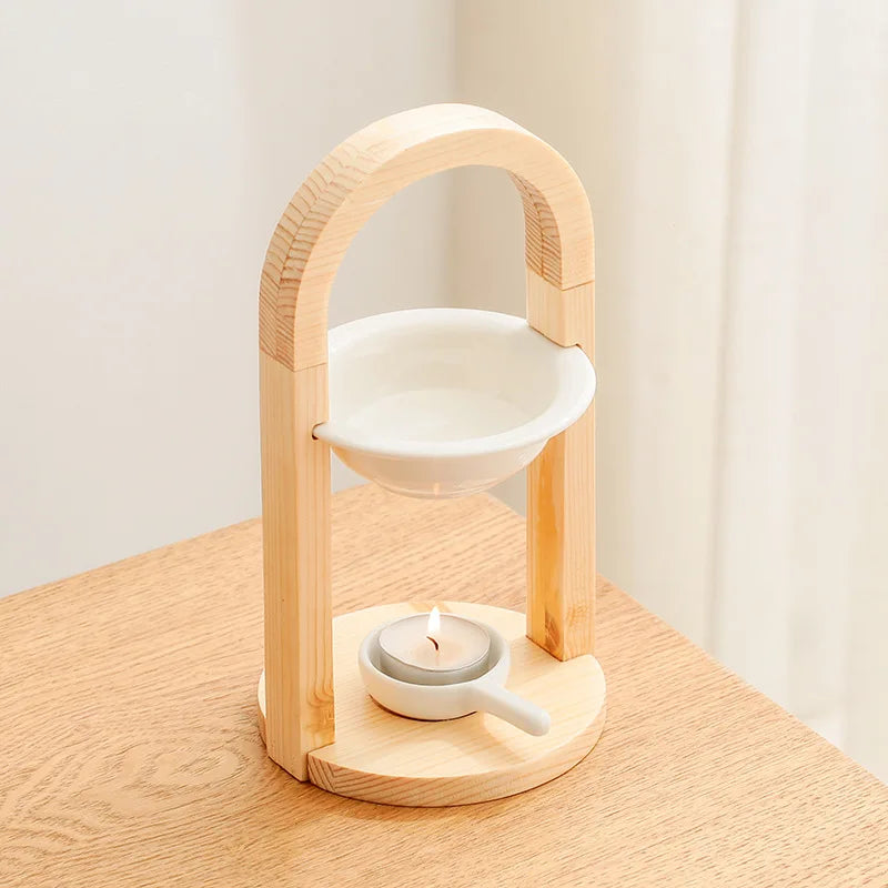 Modern Ceramic Essential Oil Warmer with Wooden Lid Portable Scented Candle Holder for Home/SPA Aromatherapy