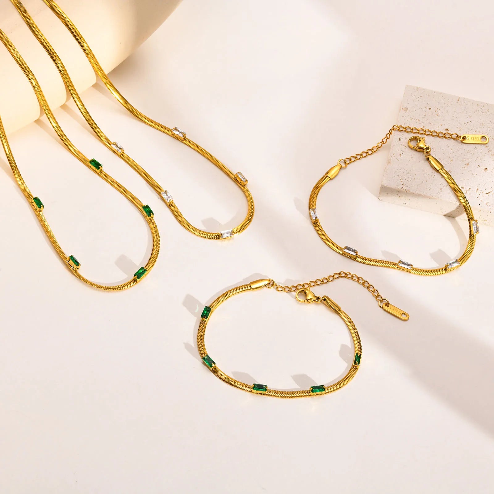Trendy Design Gold Plating Stainless Steel Square Zircon Snake Chain Bracelets Necklace Jewelry Set for Women